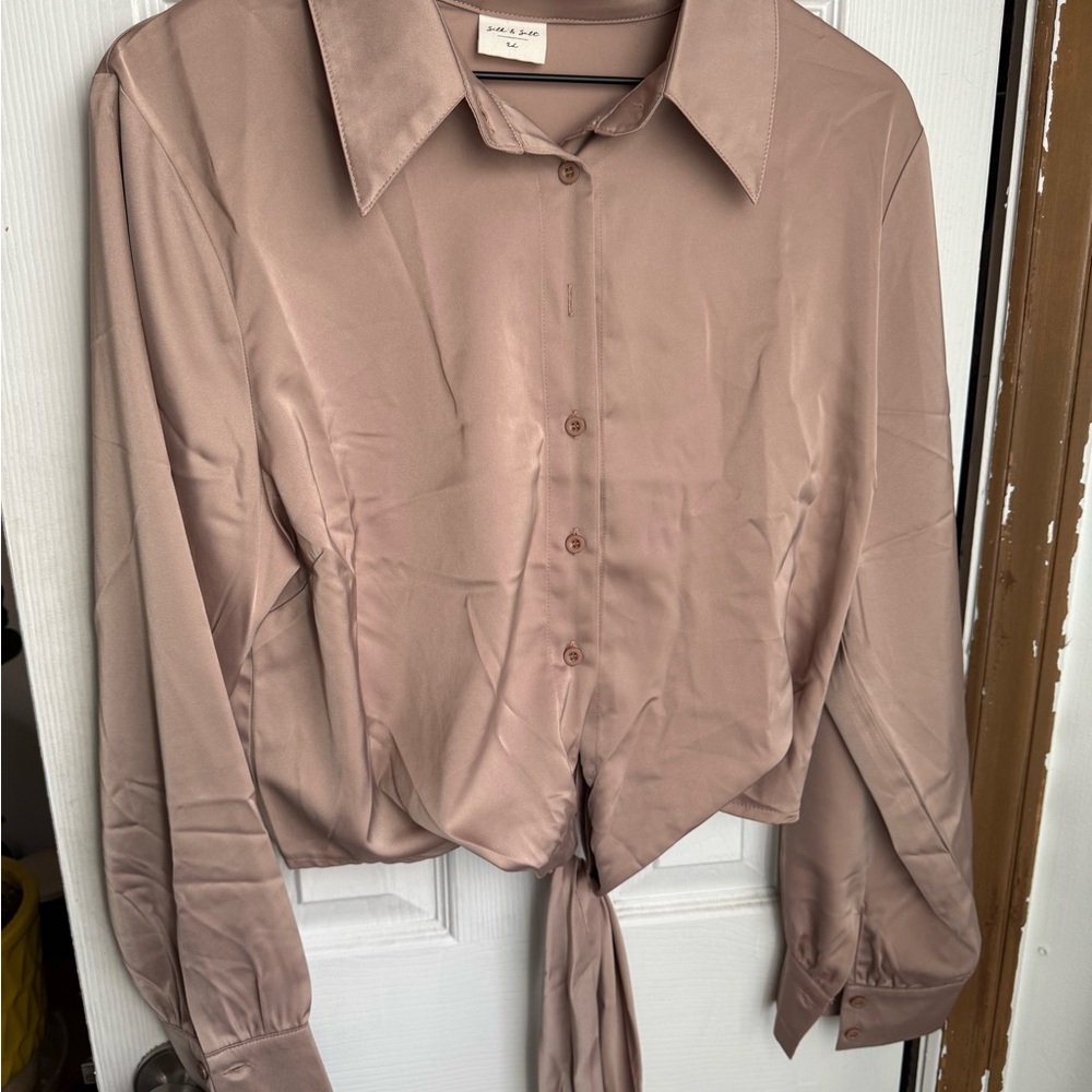Elegant Gold Tan Satin Button-Down Shirt